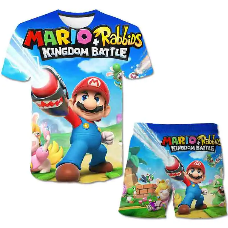 

Summer fashion and funny Cartoon Mario short Sleeve Sweatshirt +short Pants Baby Girl Clothes Boy With a T-shirt without cap