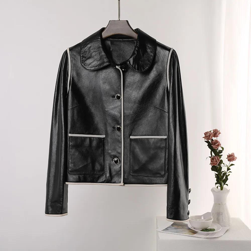 Spring Autumn France Style Women's Elegant Genuine Leather Jackets Hot Chic Pockets Sheepskin Coat C203