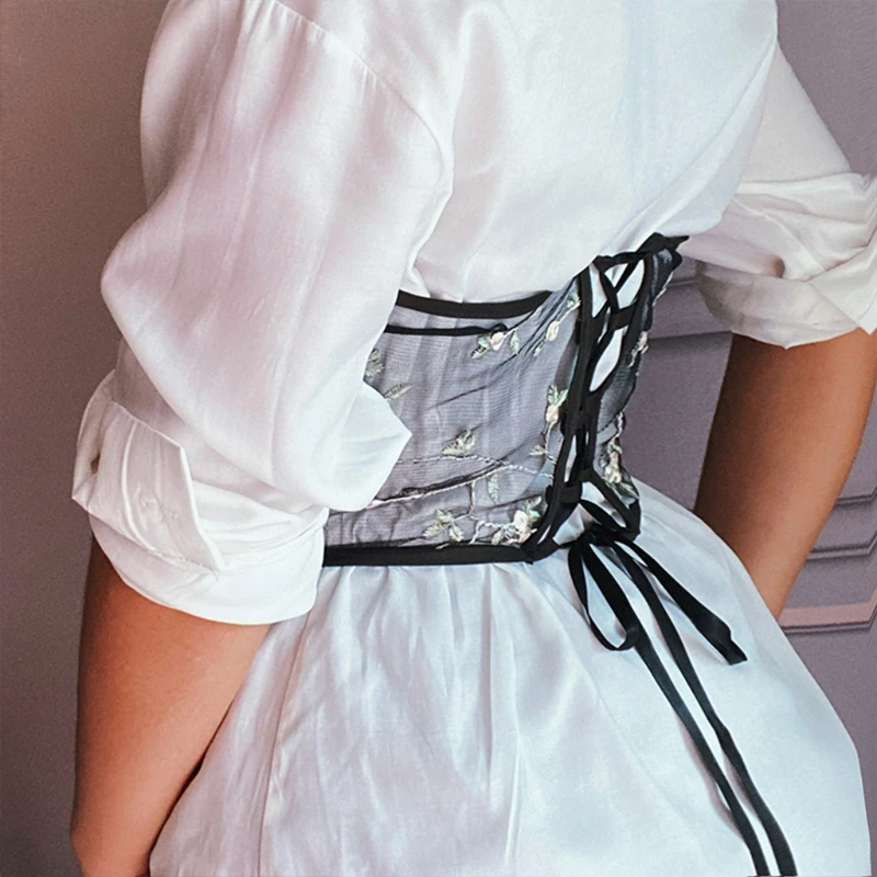 

Women's Lace Up Hollow BustiersTops Curve Shaper Embroidery Corsets Chest Support with Flower for Summer D0LF