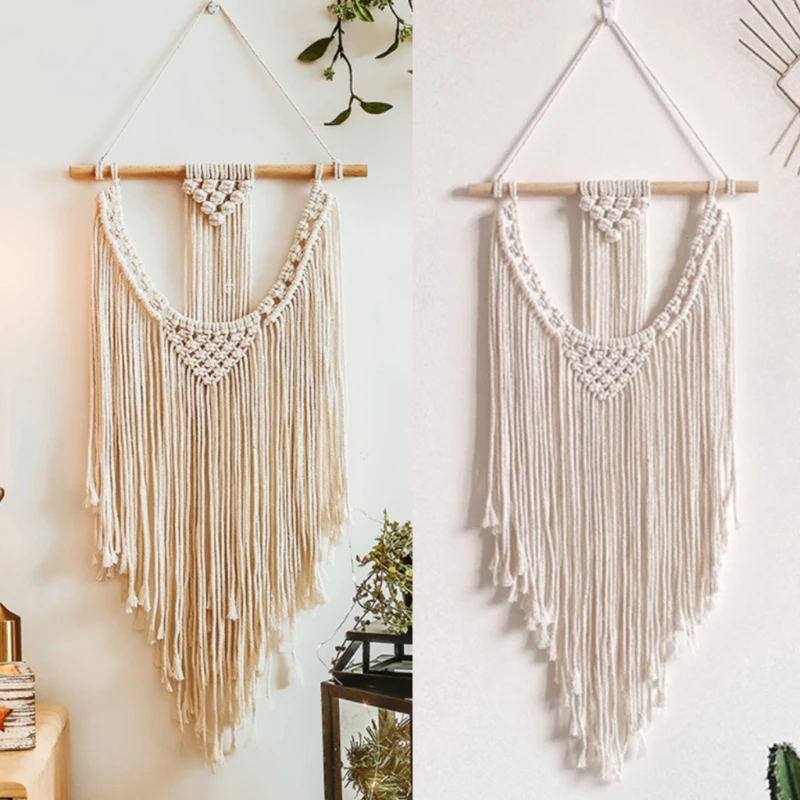 

652A Nordic Cotton Rope Woven Tassels Hanging Tapestry Bohemian Hollow Out Braided Geometric Macrame Wall Art Decoration