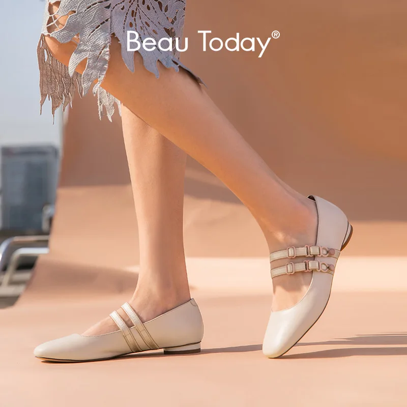 Женские балетки на плоской подошве BeauToday Мэри Джейн из телячьей кожи с квадратным