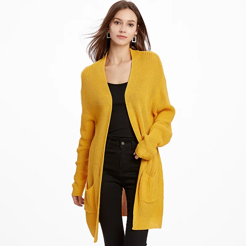 2019 Autumn & Winter Women Knitting Sweaters Cardigan Loose Solid Yellow Black Gray Striped Full Sleeves Long Jacket Plus Size |
