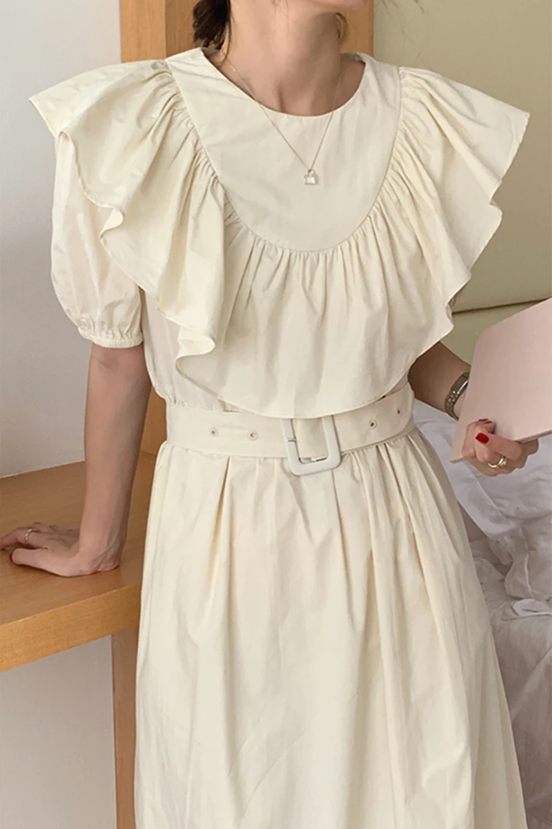 

ZCSMLL Round Neck Ruffled Stitching Lace-up Women Dresses Waist Puff Sleeve Summer Korean Fashion Dress with Belt 2021 Spring