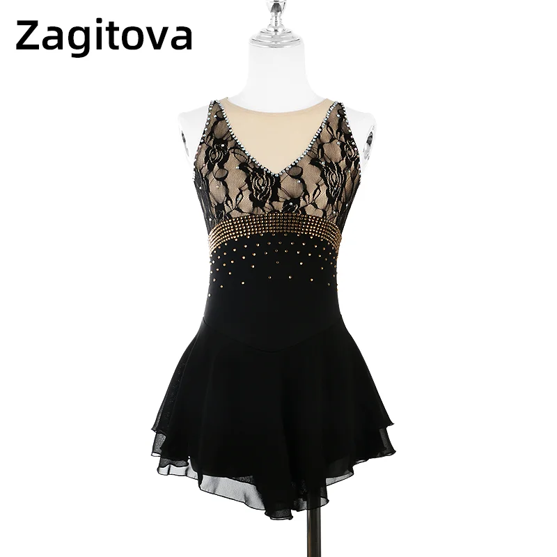 

Zagitova Figure Skating Dress For Girls kids Women Ice Skating Skirts Black Ballet Costume With Lace Rhinestone