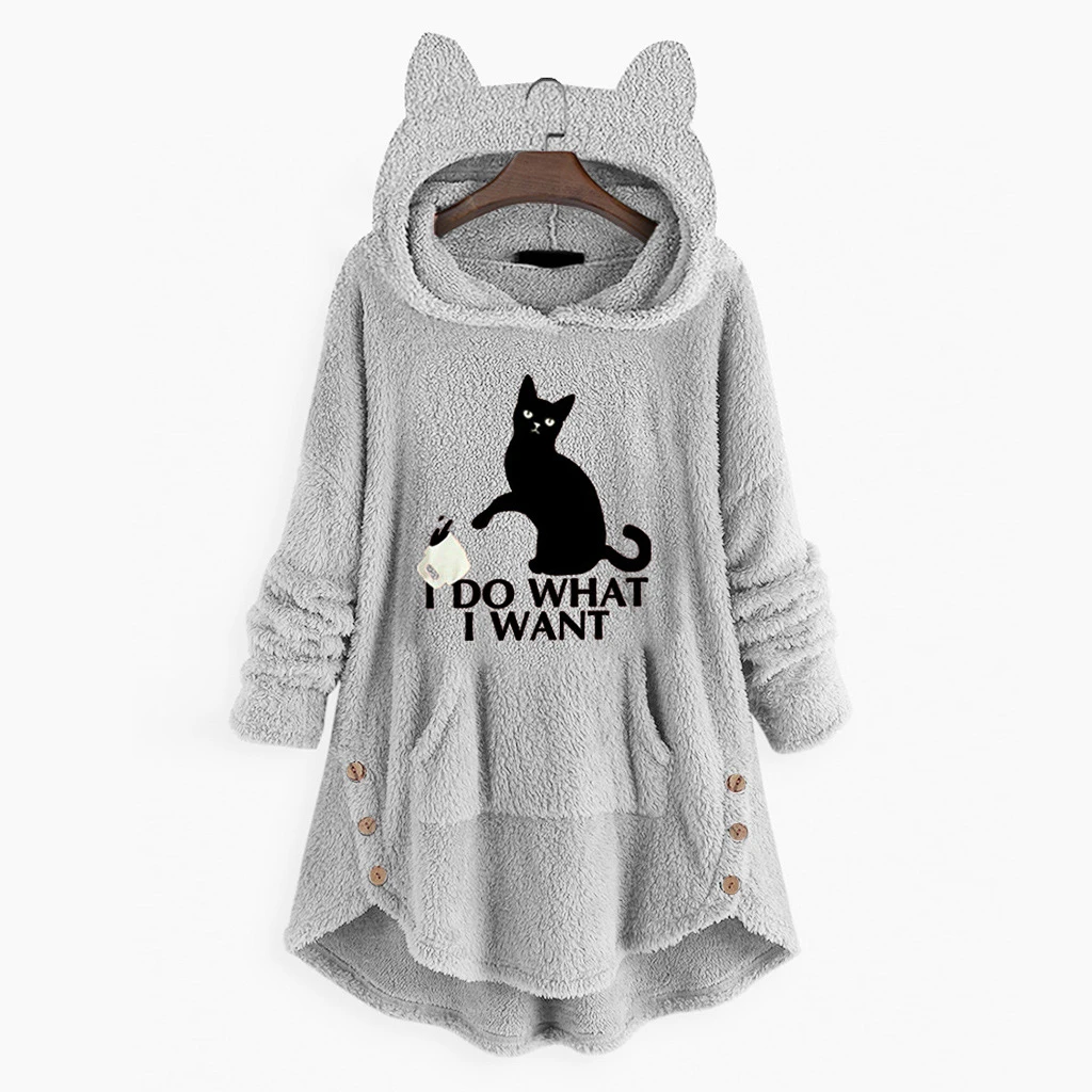 

Cozy Cartoon Cat Ears Fleece Winter Pajamas Hoodies for Women Hooded Sweatshirts Long Sleeve Lady Pullovers Tops