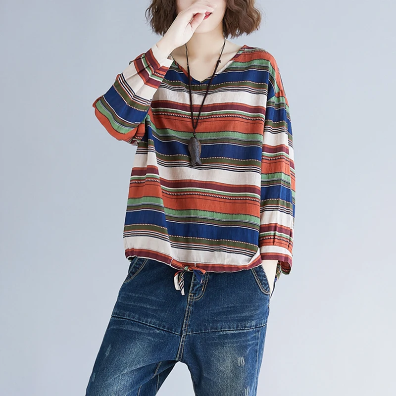 Женская футболка в полоску с V образным вырезом и длинным рукавом| |