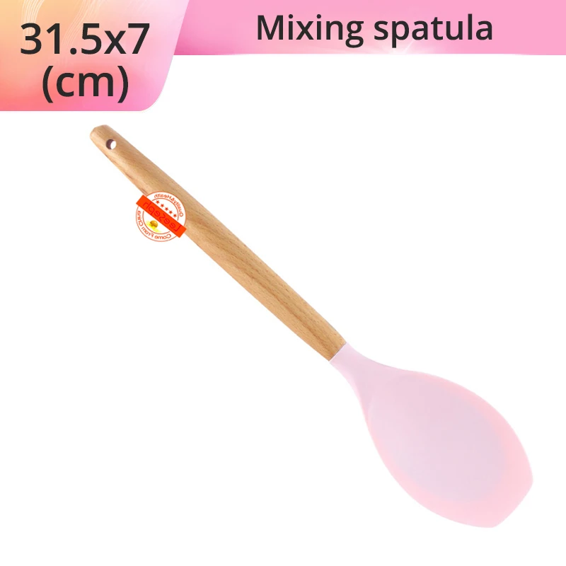 Pink Mixing spatula Силиконовая кухонная утварь-деревянные ручки, антипригарная не царапающаяся и термостойкая кухонная посуда кухонные инструменты - Цвет: Pink Mixing spatula