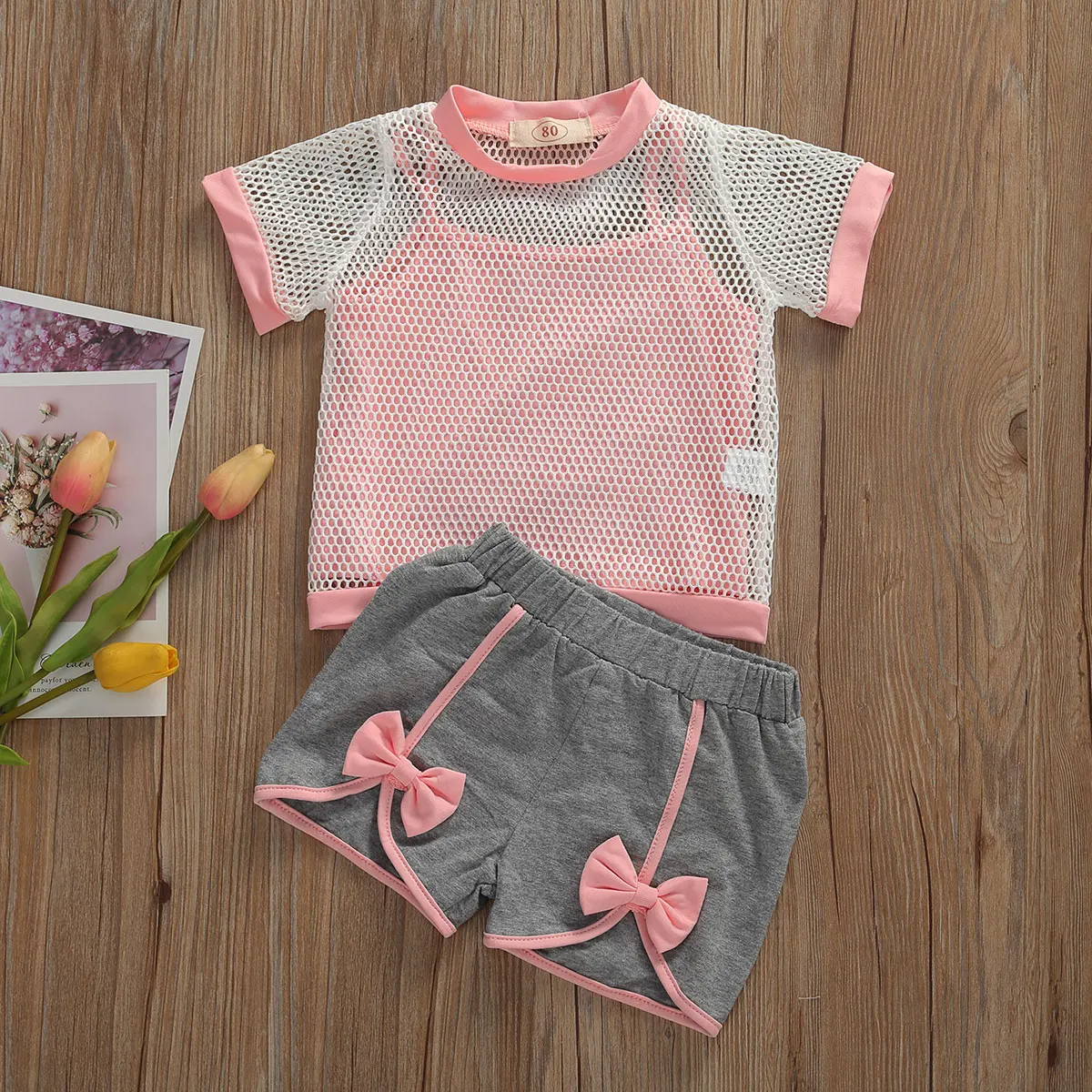 

2020 Summer Casual Kids Baby Girls Clothes Set 3PCS Solid Vest+Fishnet Short Sleeve Tops+Bow Shorts Infant Baby Sports Wear