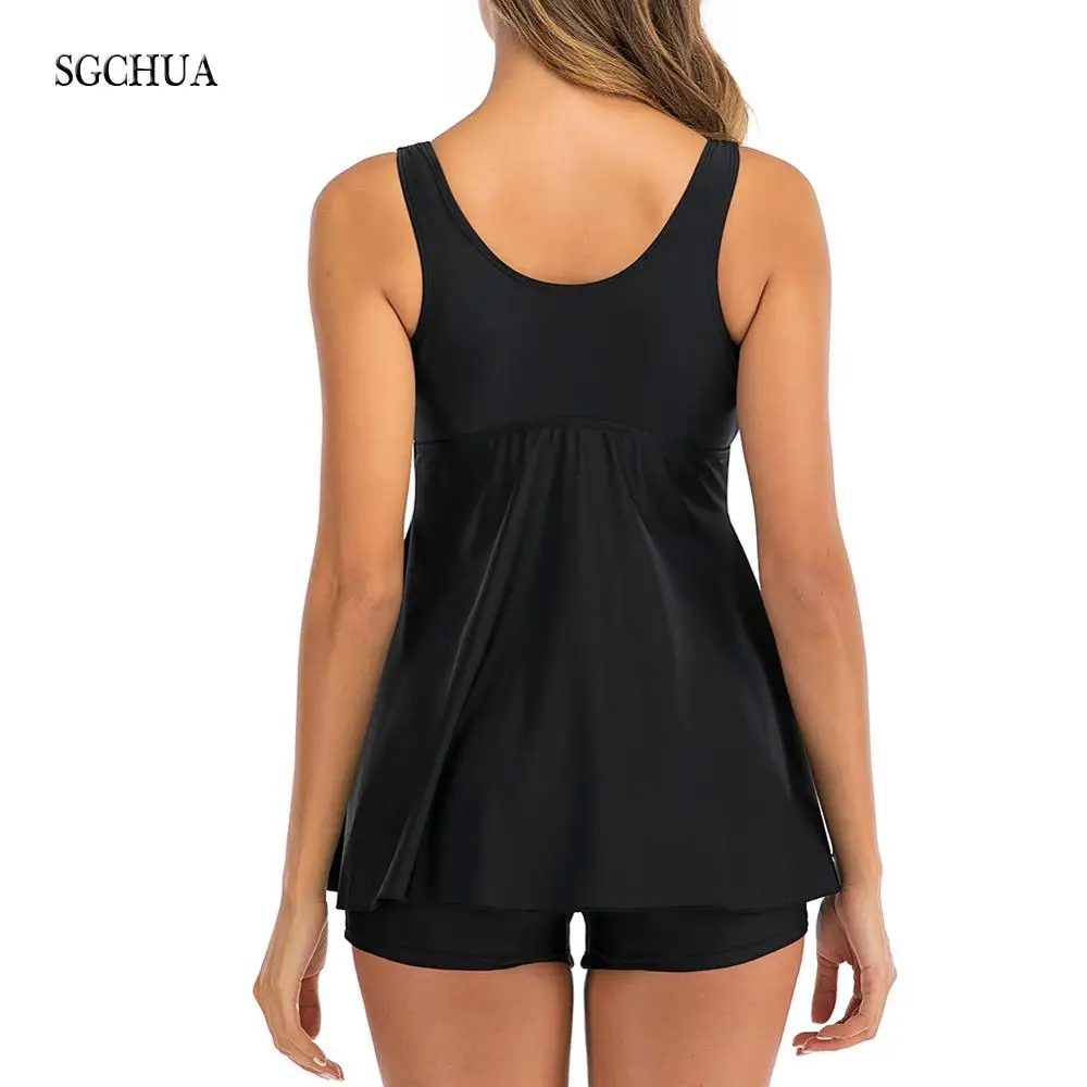 SGCHUA 2020 New Solid Black 5XL Tankini with Golden S Belt Plus Size XXXL Two Piece Swimsuit Women Beach Boxer Swimwear for Fat