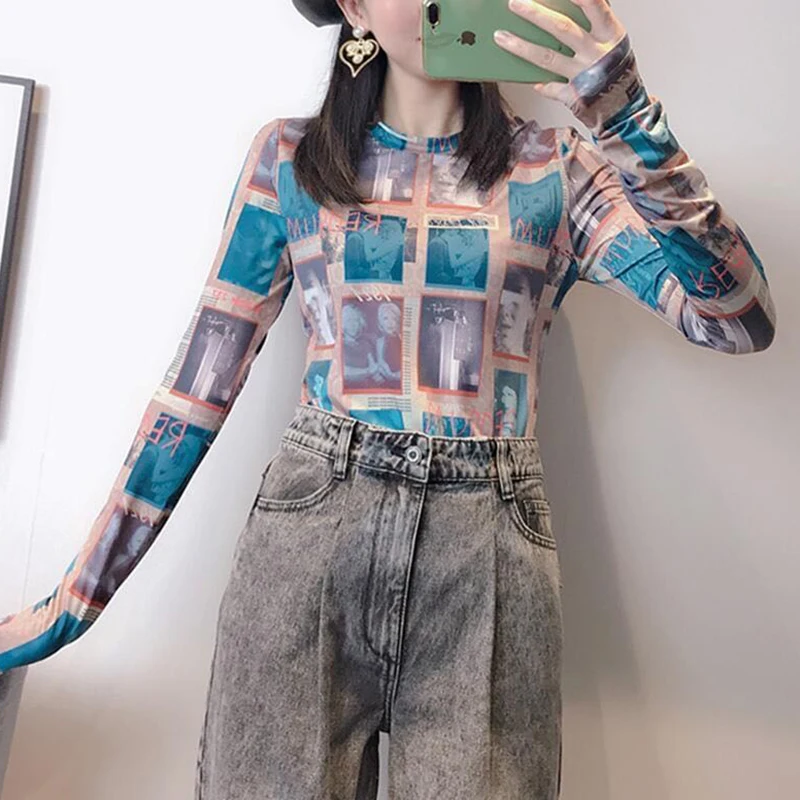 

2020 new slim bottoming shirt women long-sleeved T-shirt tops spring and autumn fashion printing round neck small shirt