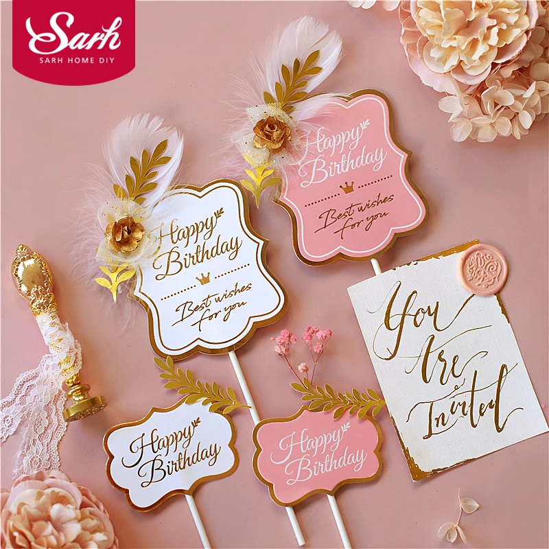 

Original Design Vintage Style Leaf feather Happy Birthday Cake Topper for Party Decoration Baking Supplies Love Gifts