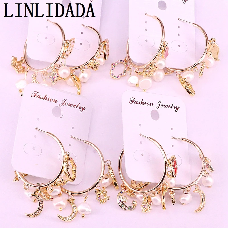 Серьги с натуральными жемчужинами и эмалью 4 пары | Украшения аксессуары