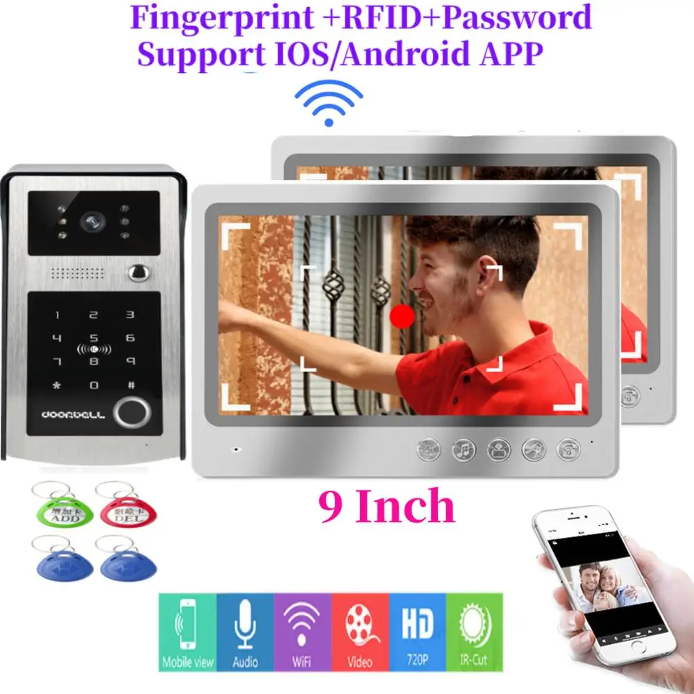 

App Remote Unlock Video Intercom 9 inch Monitor WIFI Video Door Phone Doorbell Fingerprint RFID Password Camera+2x Record Screen