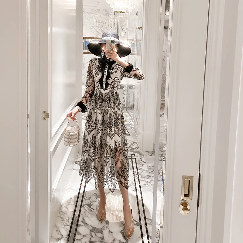 

YAMDI lace embroidery elegant party boho vintage runway spring summer long sleeve dress 2020 luxury dresses women a-line floral