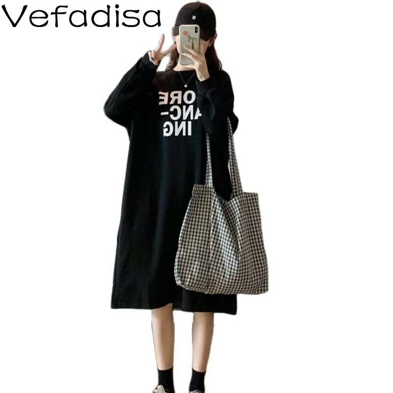 

Vefadisa 2021 Autumn New Letter Printing Long Sleeved Dress Women Fashion Casual Plus Size Pullover Dress Black White ZWL1602A