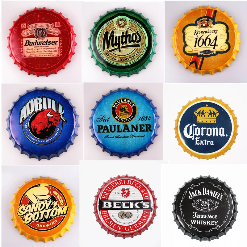 

Beer Cap Metal Tin Signs Plate Retro Cafe Bar Pub Wall Decor Plaque Vintage Round Home Art Poster