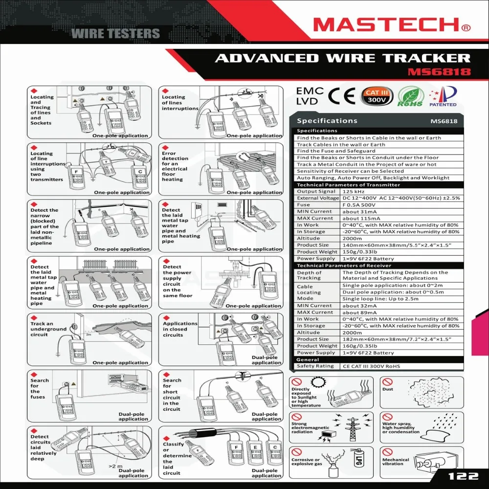 Горячая Цифровая MASTECH MS6818 Расширенный тестер провода трекер многофункциональный кабель детектор 12~ 400 В труба локатор метр с черным светом