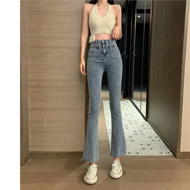 

2022 Spring Fall Waist High Stretch Tight Length Denim Female Trousers Vintage Casual Enlargement Washed All-Match Cropped Jeans