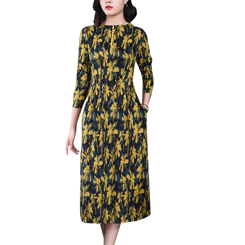 

2021 Autumn Yellow Floral Dress 3XL Plus Size Knited Vintage Spring Casual Print Midi Dresses Women Bodycon Elegant Party Night