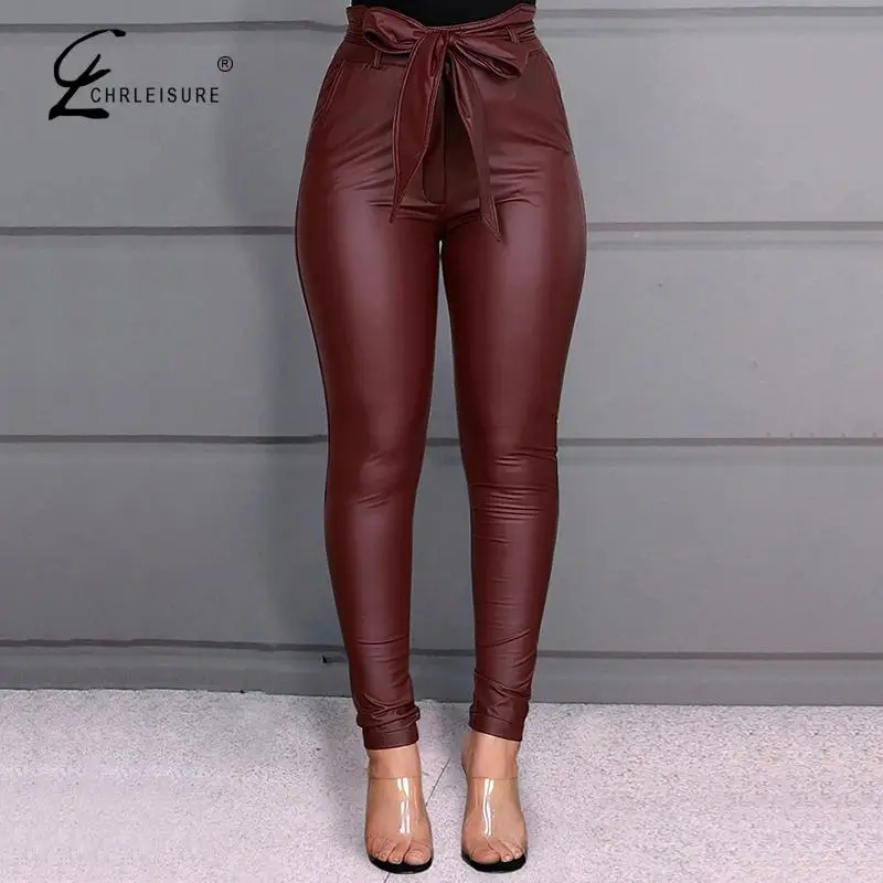 CHRLEISURE модные повседневные брюки из искусственной кожи черные кожаные на