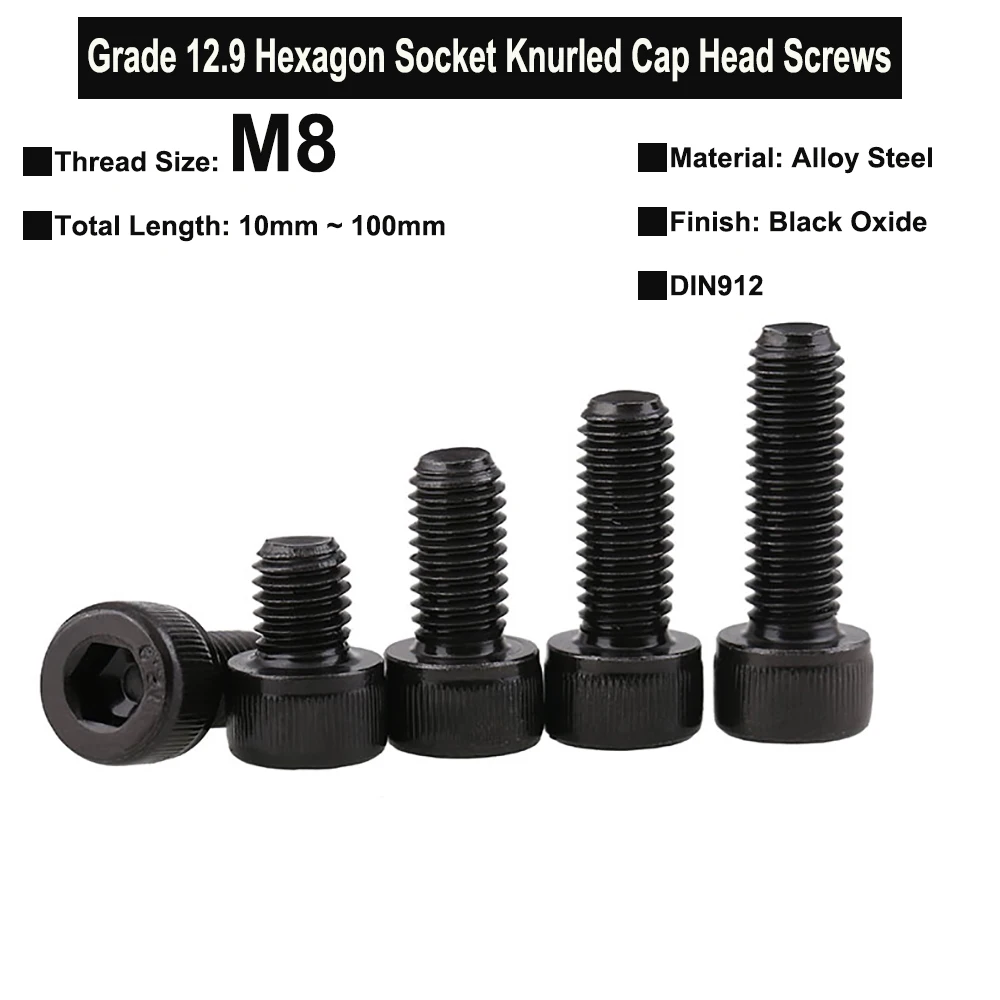 

10Pcs/5Pcs/3Pcs M8 Grade 12.9 Alloy Steel Hexagon Socket Knurled Cap Head Screws DIN912 Thread Length 10mm ~ 100mm