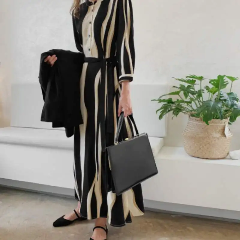 

2021 New Arrival Women's Autumn Long Sleeve Striped Casual Long Maxi Dress With Belt Vintage Button Down Shirt Dress For Ladies