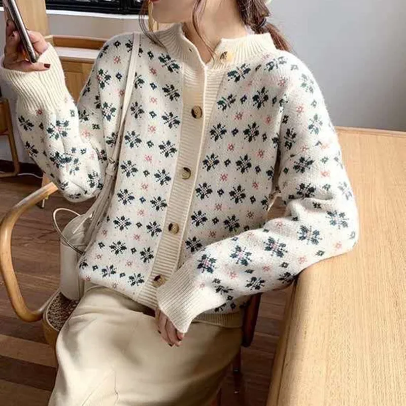 

Autumn Winter Knitted Sweater Cardigans Women O-Neck Long Sleeve Casual Vintage Jumpers Jacquard Knitwear Outwear M119