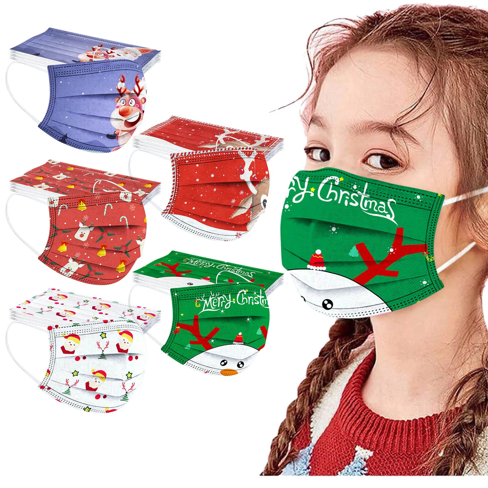 

50 шт. одноразовая Рождественская детская маска мультяшный Санта-Клаус Маска для лица 3-слойная маска с ушными петлями маска для Хэллоуина ма...