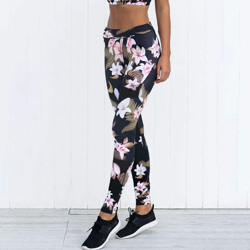 

Flower Print Leggings High Waist Stitching Hollow Sport Trousers Casual Ladies Fitness Running Gym Exercise Trousers