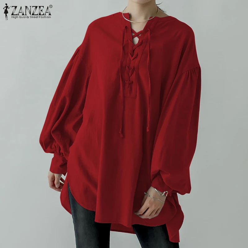 

Spring Lace Up Office Chemise Women Casual Full Lantern Sleeve Blouse ZANZEA Elegant High Low Shirt Vintage Solid OL Tunic Tops