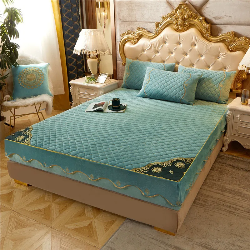 

Warm Soft Crystal Velvet Plush Thicken Quilted Mattress Cover King Queen Quilted Bed Fitted Sheet Not Including Pillowcase
