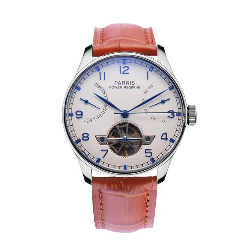 

Parnis 43mm White Dial Automatic Mechanical Mens Watch Calendar Power Reserve Brown Leather Strap Watches Relogio Masculino 2021