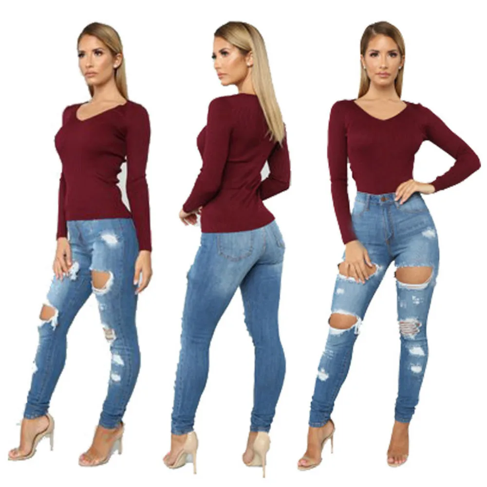 

Light Blue Ripped Jeans for Women 2021 Street Style Sexy Mid Rise Distressed Trouser Stretch Skinny Hole Denim Pencil Pants
