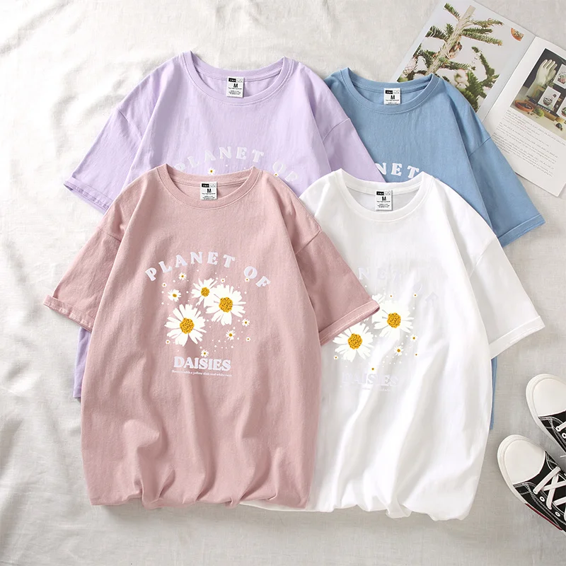 

Short 2021 Sleeve T-Shirt Women Tee Shirt Loose Oversize Floral Printed T Shirt Women Casual O-neck Tshirt