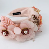 high quality headband bow pink flower headdress decorated sequin tassel handmade beaded hair accessories