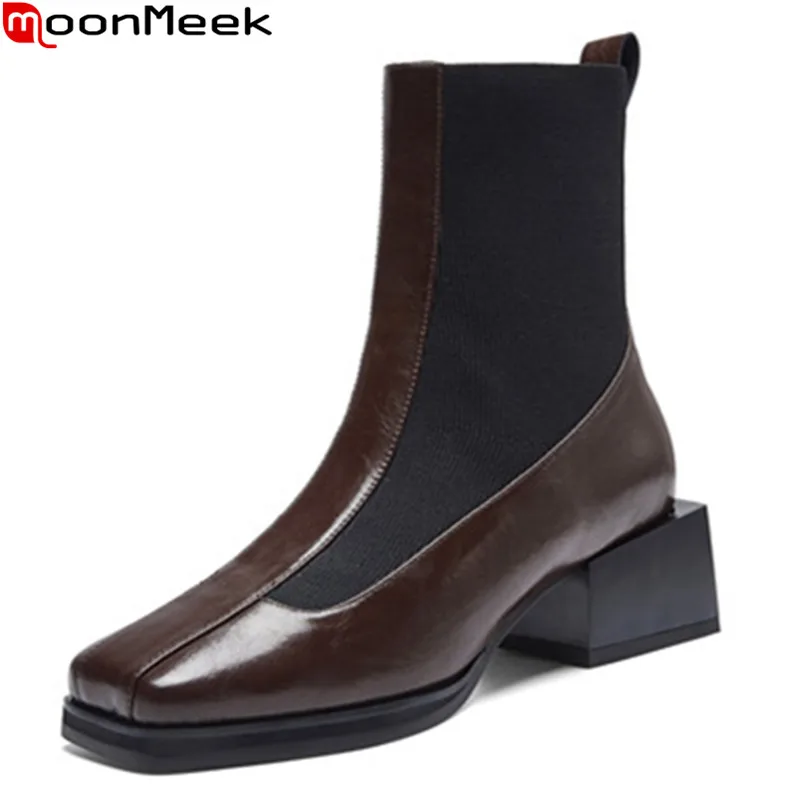 

MoonMeek 2021 New Arrival Women Boots Top Quality Autumn Winter Ankle Boots Thick Heels Square Toe 2 Colors Chelsea Boots