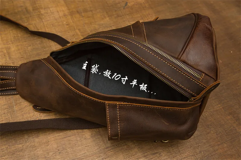 Vinatge crazy horse cowhide men's multi-function chest bag fashion personality design natural genuine leather shoulder backpack