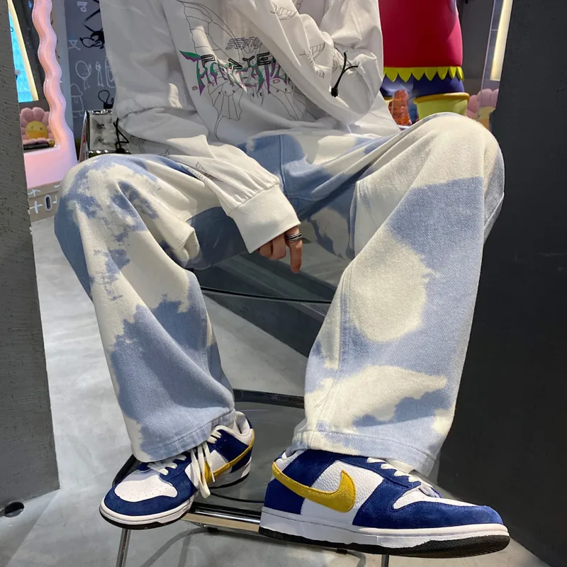 Осенние мужские джинсы Tie-dye модные повседневные мешковатые прямые с принтом