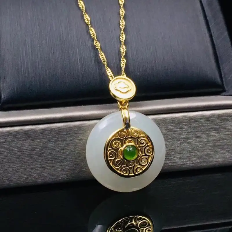 

Natural Hetian white jade pulp ring pendant necklace Chinese style retro palace style unique gold craft women's brand jewelry