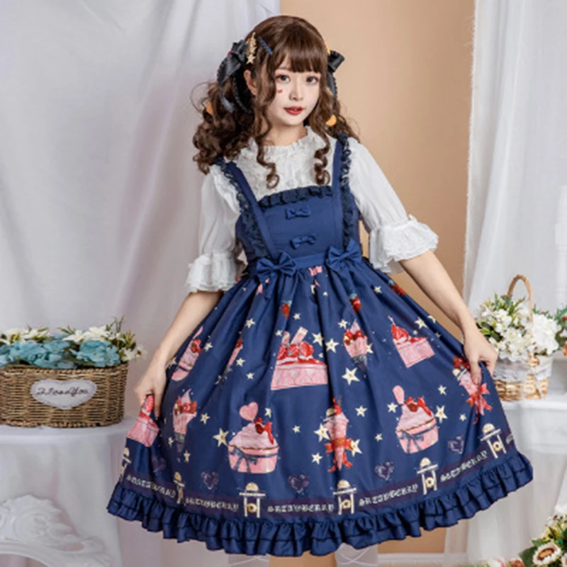 Японские платья Lolita Kawaii милое платье для девочек с клубничным принтом JSK