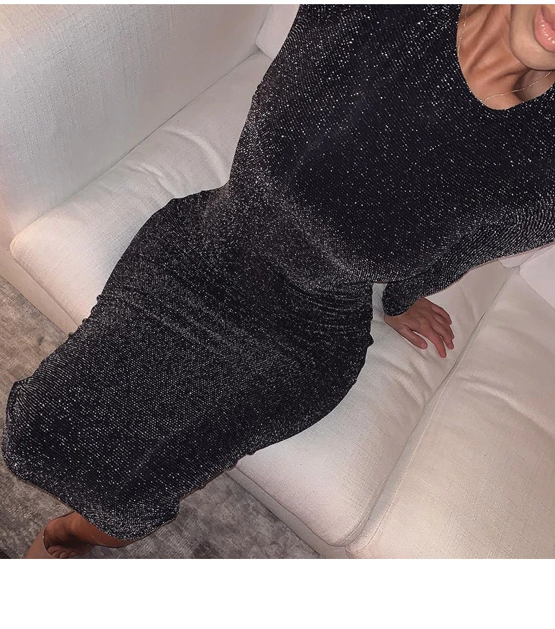 Черный Ночные вечерние блестящее платье на лямках модные с длинными рукавами и