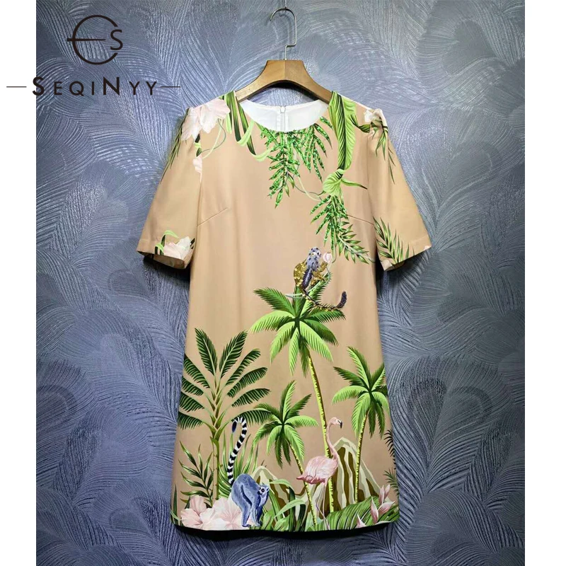 

Женское платье с коротким рукавом SEQINYY, бежевое мини-платье с принтом в виде листьев животных, лето-весна 2020