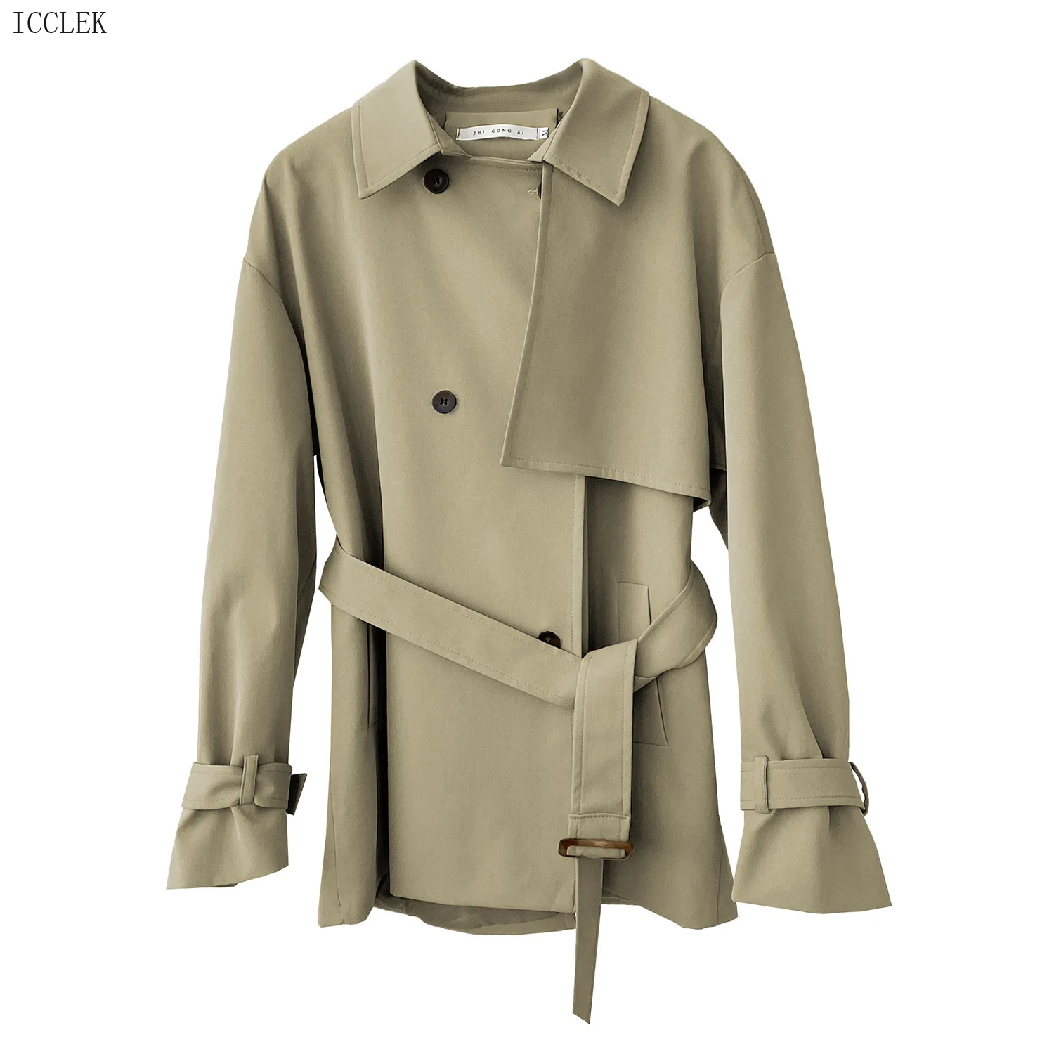 

ICCLEK Women Back Button Trench Coat British Style Lace Up Autumn New Waist Short Coat Female Small Jackets Thick