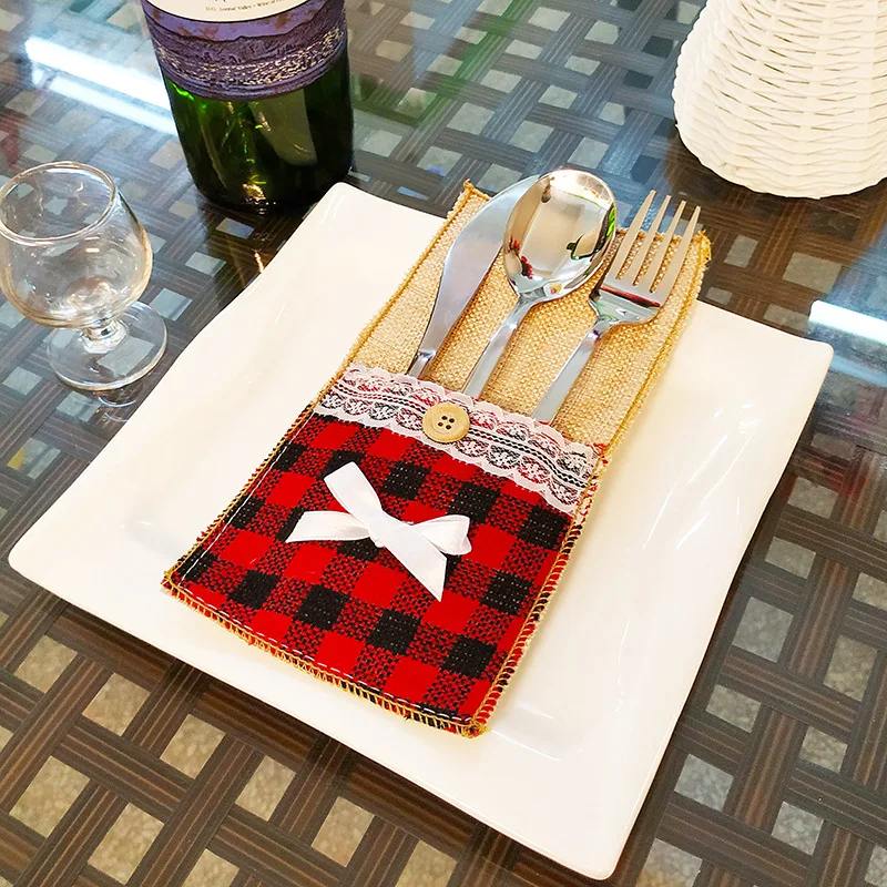 Snowflake bow-knot Red plaid Christmas Lace Cutlery Holder tableware Christmas  decoration for Home dinning room