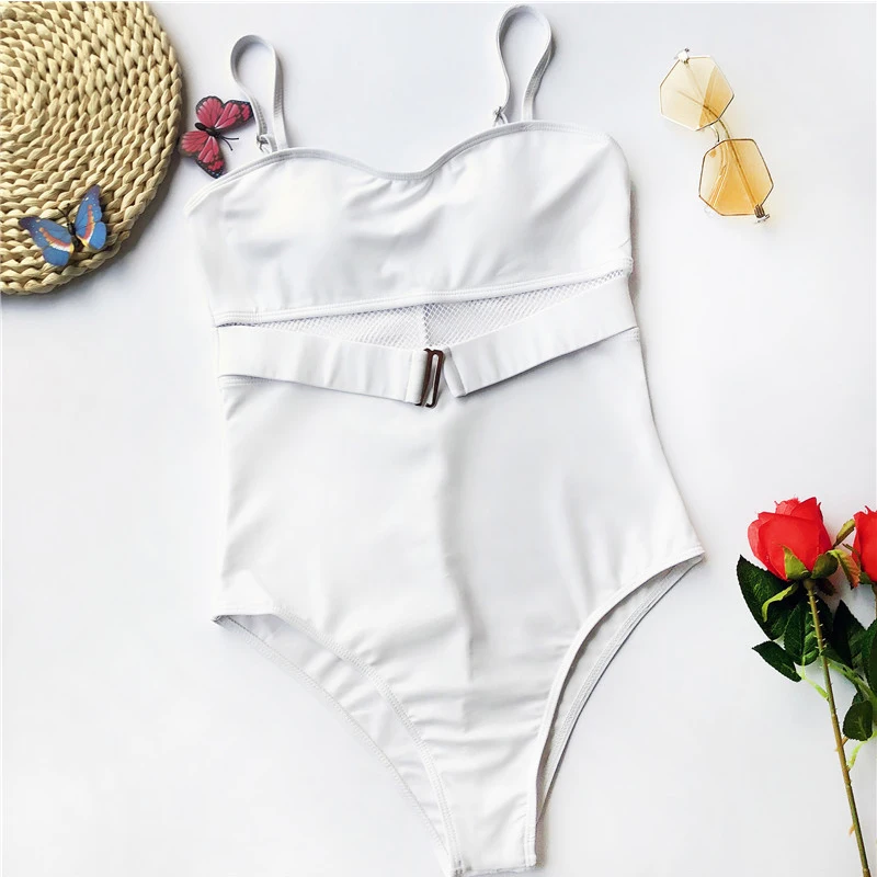 In-X Ремень Цельный боди сетка сексуальный купальник женский пуш-ап белый монокини