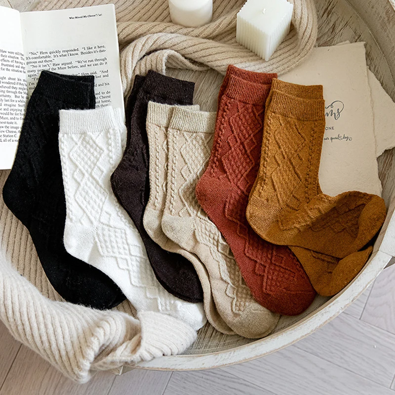 

Female Cashmere Wool Socks Harajuku Retro Streetwear Thermal Solid Color Ankle Socks 1 Pair Vintage Streetwear Crew Sock