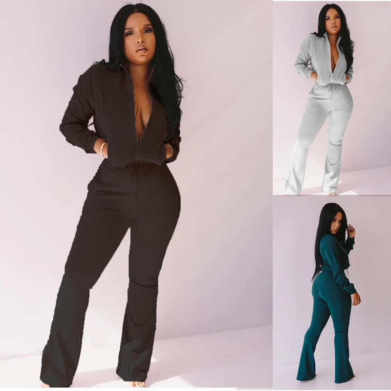 

Новое поступление, комплект из двух предметов на молнии, Топ с длинным рукавом и длинные брюки, Женский однотонный спортивный костюм для бег...