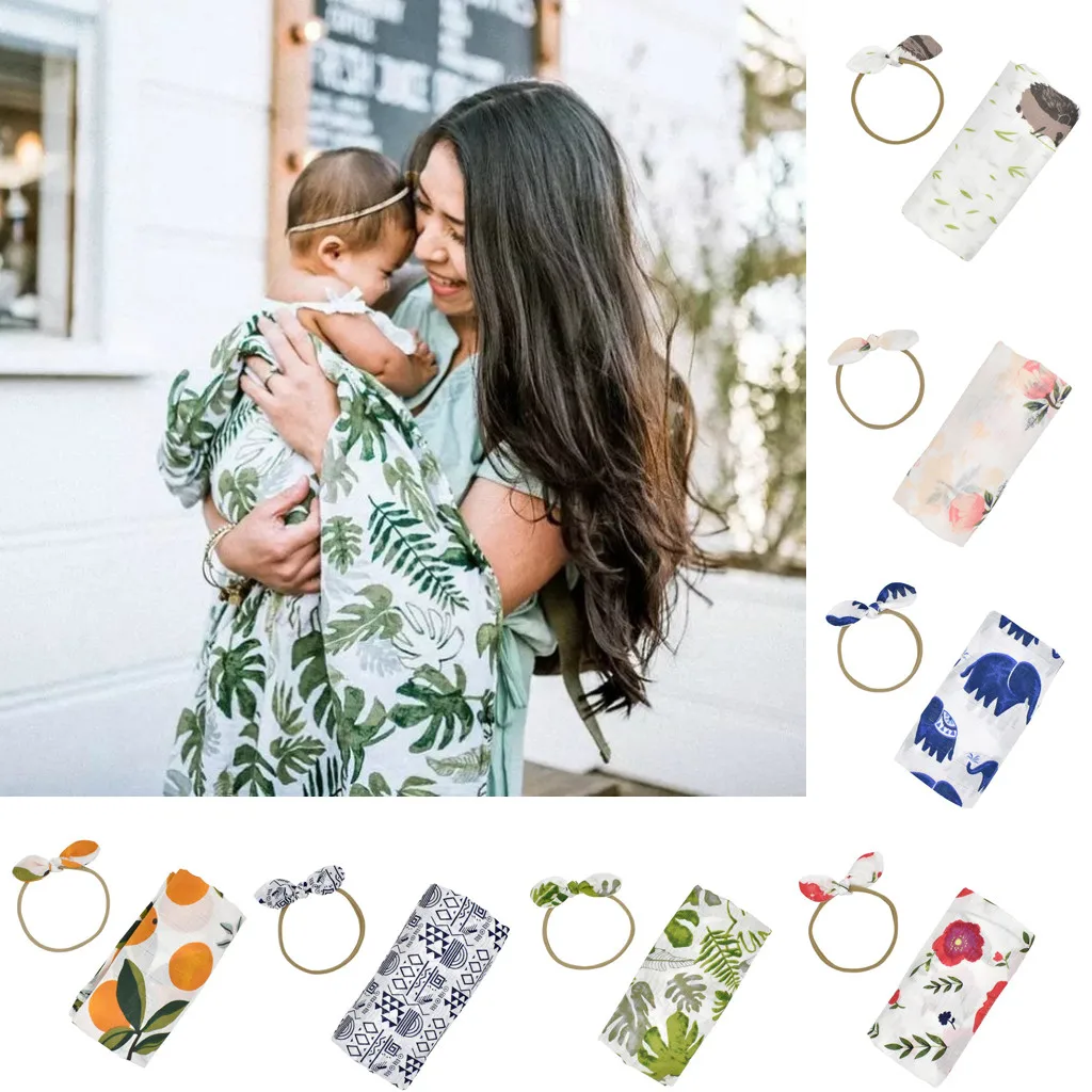 

2pcs/set Baby Swaddles Wrap Baby Blankets Headband Set Cotton Cute Printing Swaddles Blanket Baby Hat Turban Photography Prop#fs