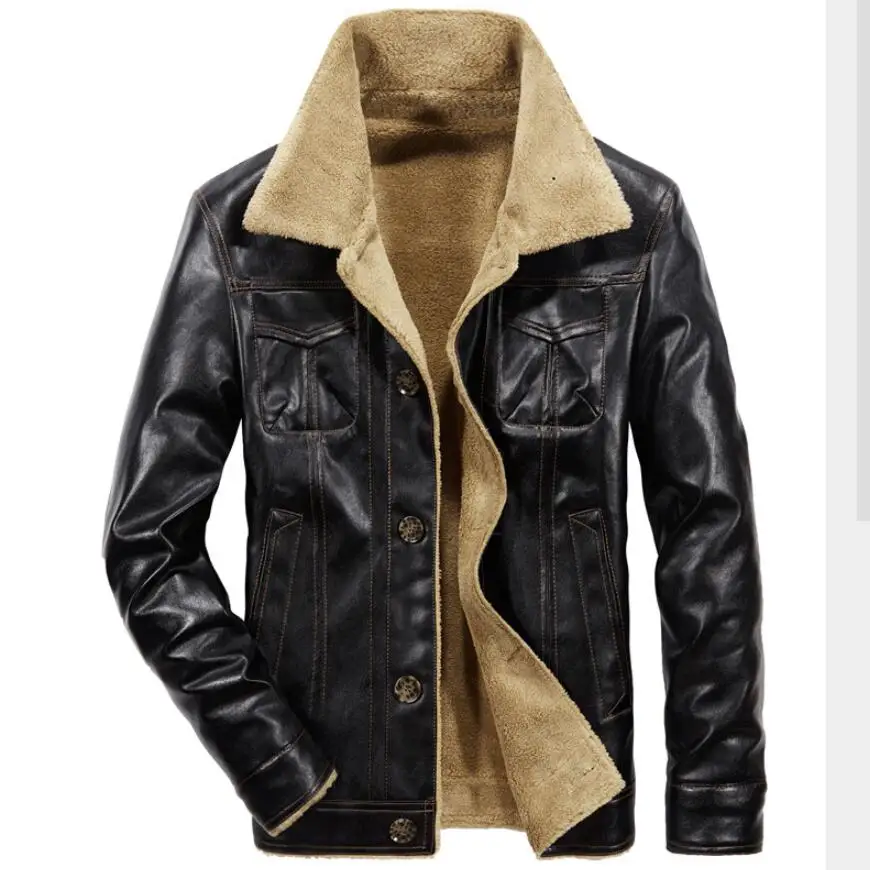 Кожаные куртки для мужчин, зимние теплые пальто из искусственной кожи, качественные мужские толстые пуховики и пальто, теплая кожаная куртк...