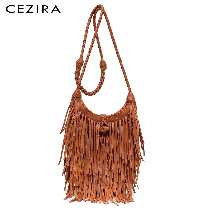 

CEZIRA New Vintage Tassel Women Shoulder Bag Bohemia Hippie Style Handbag Ladies PU Leather Woven Female Crossbody&Messenger Bag
